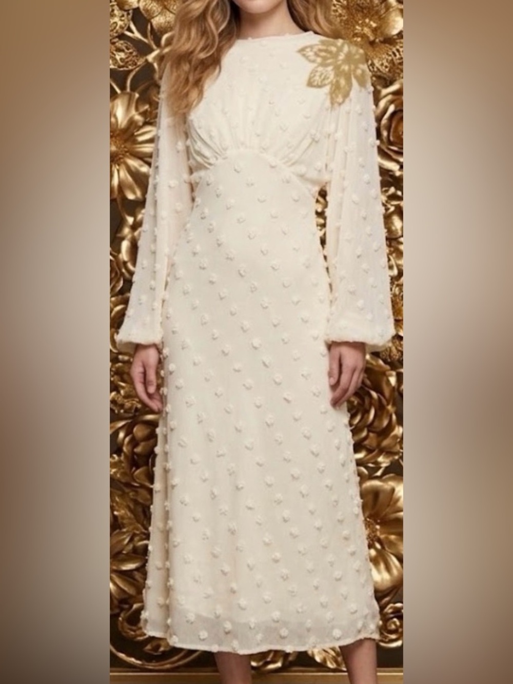 New midi ivory Long balloon Sleeve Textured Dress